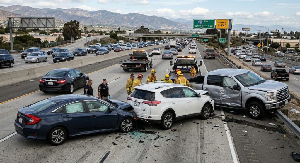 Photo of a serious multi-vehicle pileup on a California freeway involving a blue sedan, white SUV, and silver pickup truck, with first responders on the scene and traffic backup.