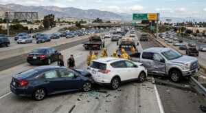 Photo of a serious multi-vehicle pileup on a California freeway involving a blue sedan, white SUV, and silver pickup truck, with first responders on the scene and traffic backup.