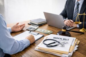 California personal injury attorney reviewing settlement documents and negotiating medical liens with client at office desk.