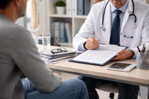 Insurance defense doctor conducting a medical examination consultation for a traumatic brain injury claim