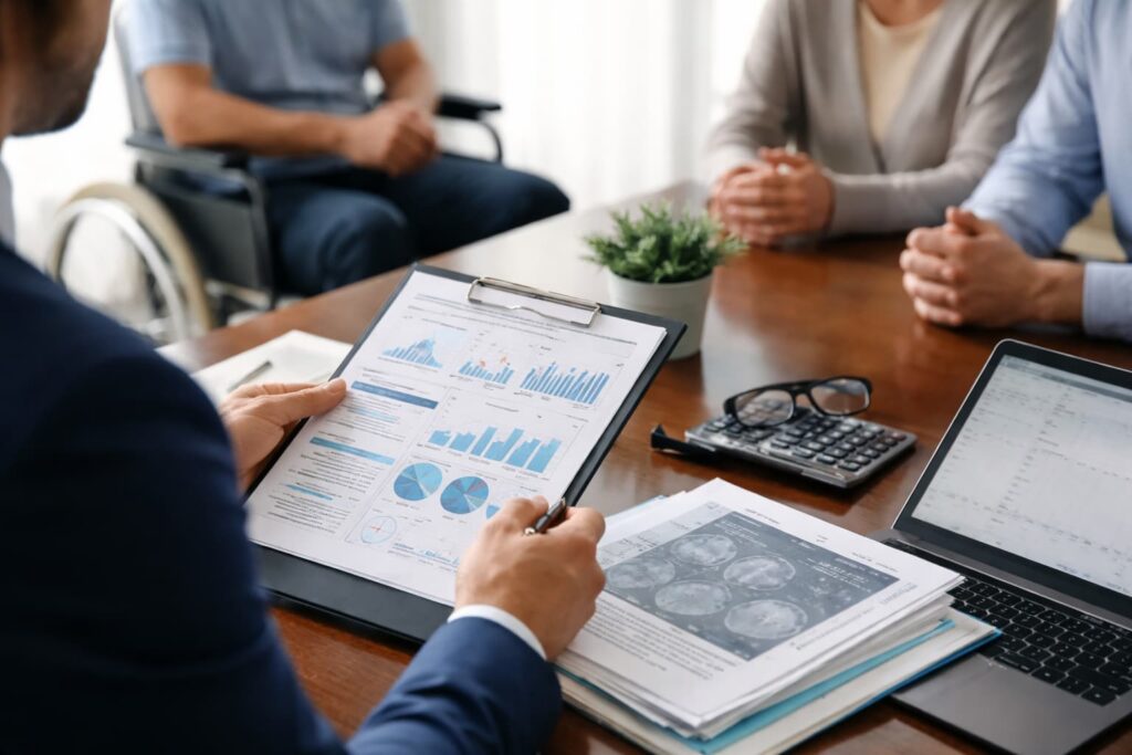 Life care planner reviewing long-term traumatic brain injury care costs with family during consultation
