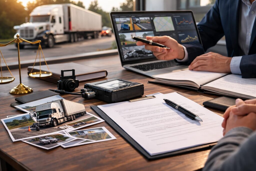 Truck accident case consultation with attorney reviewing crash evidence and trucking investigation materials on desk