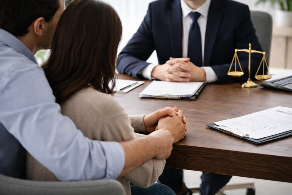 Couple consulting a wrongful death attorney in a professional law office with legal documents and a gavel on the desk