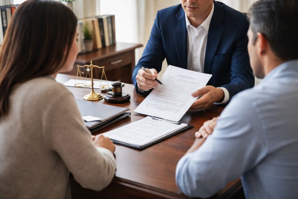 Attorney explaining wrongful death settlement distribution to family members during a legal consultation in a law office