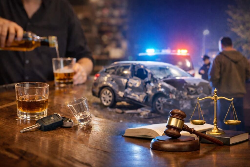 Bar serving alcohol with car keys on counter and DUI crash scene with police lights and legal gavel symbolizing California dram shop liability