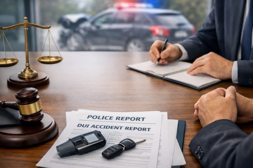lawyer consultation for DUI accident civil claim with police report, gavel, and justice scales on desk