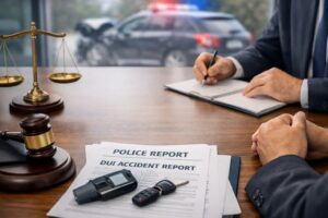 lawyer consultation for DUI accident civil claim with police report, gavel, and justice scales on desk