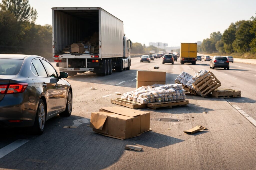 Loose cargo scattered on a freeway after falling from a commercial truck causing a road debris accident involving nearby vehicles