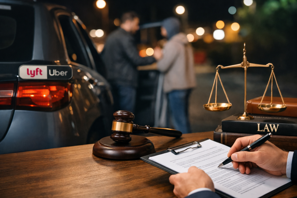 Rideshare assault legal claim concept with Uber Lyft car and lawyer desk gavel scales consultation scene