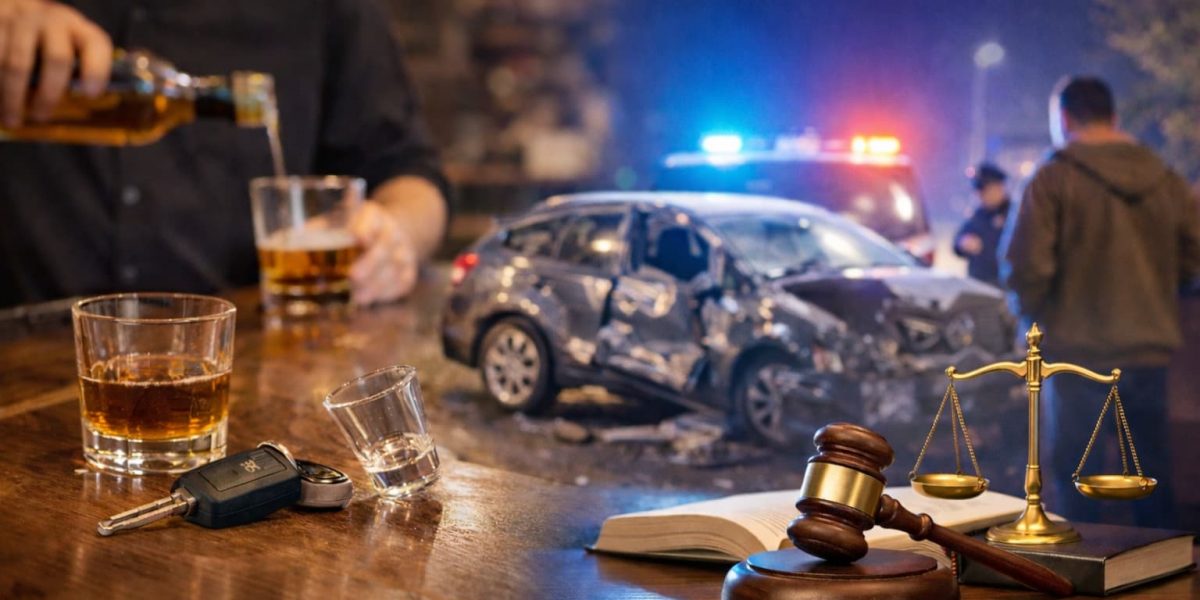 Bar serving alcohol with car keys on counter and DUI crash scene with police lights and legal gavel symbolizing California dram shop liability