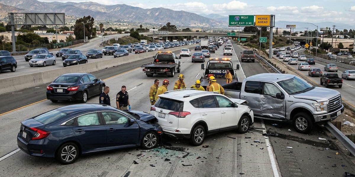 Photo of a serious multi-vehicle pileup on a California freeway involving a blue sedan, white SUV, and silver pickup truck, with first responders on the scene and traffic backup.