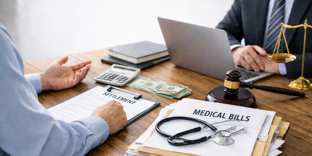California personal injury attorney reviewing settlement documents and negotiating medical liens with client at office desk.