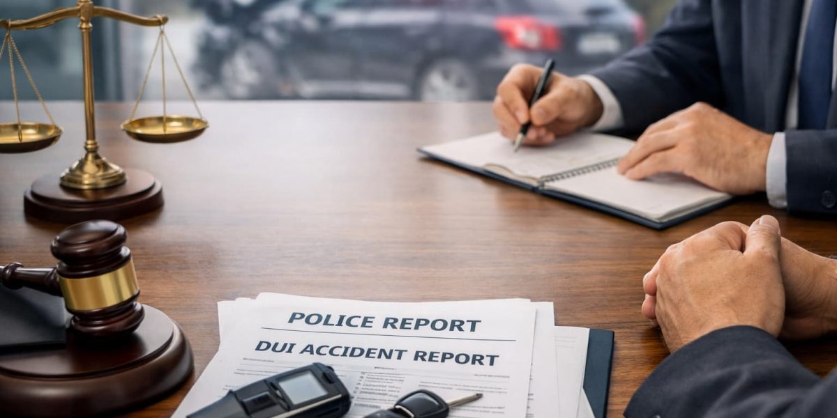 lawyer consultation for DUI accident civil claim with police report, gavel, and justice scales on desk