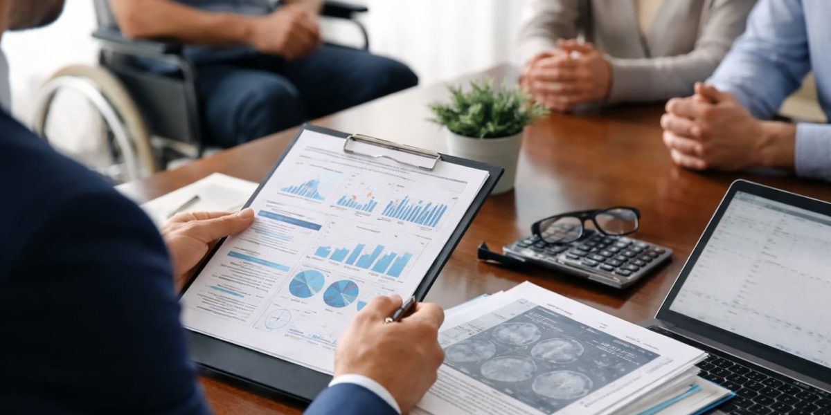 Life care planner reviewing long-term traumatic brain injury care costs with family during consultation