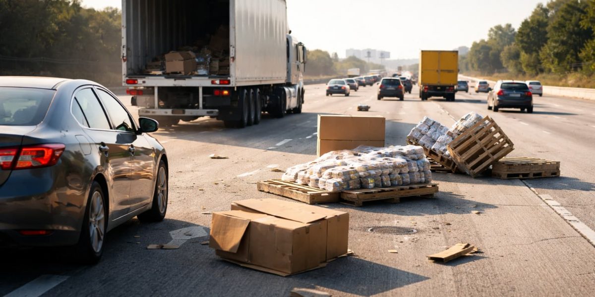 Loose cargo scattered on a freeway after falling from a commercial truck causing a road debris accident involving nearby vehicles