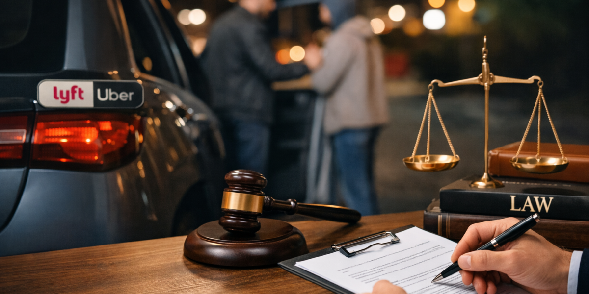 Rideshare assault legal claim concept with Uber Lyft car and lawyer desk gavel scales consultation scene