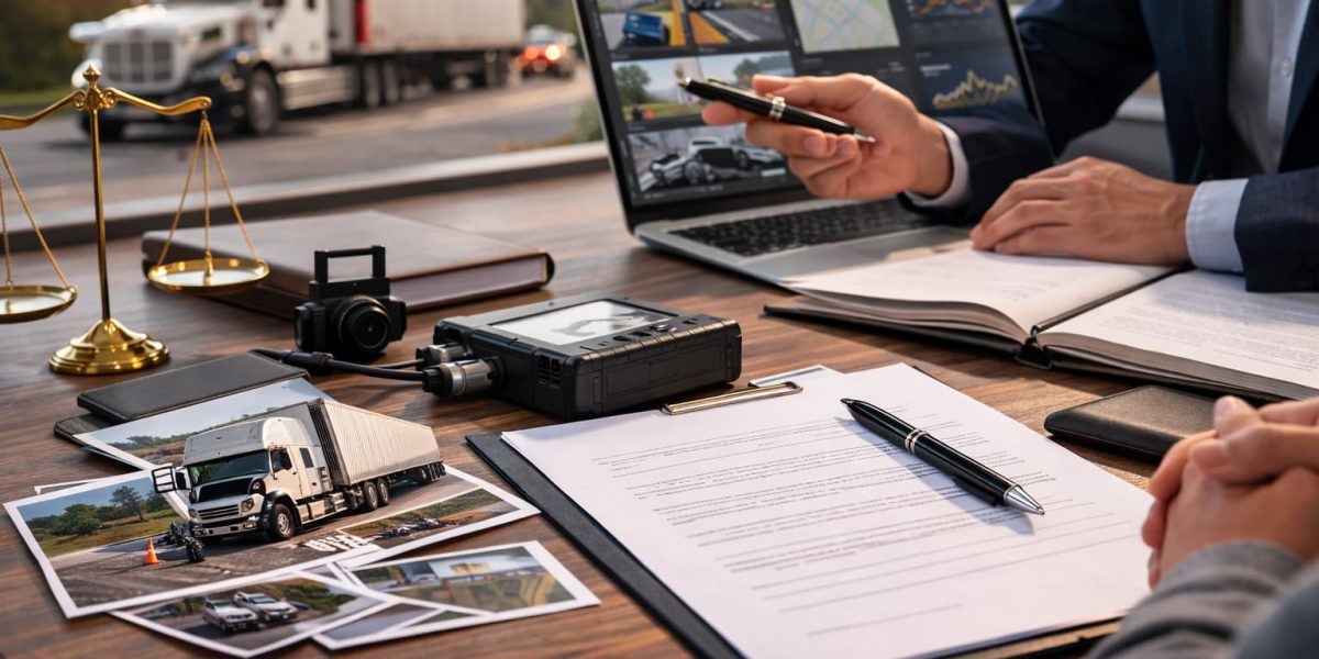 Truck accident case consultation with attorney reviewing crash evidence and trucking investigation materials on desk