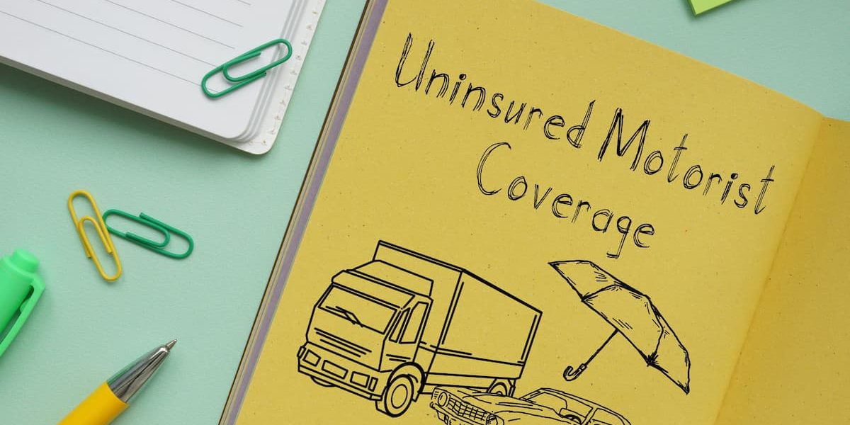 Uninsured motorist coverage concept illustration with car accident sketch and umbrella protection symbol