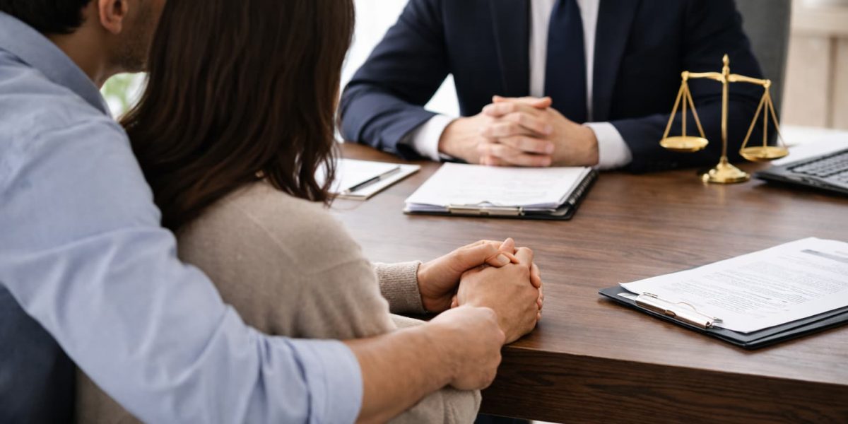 Couple consulting a wrongful death attorney in a professional law office with legal documents and a gavel on the desk