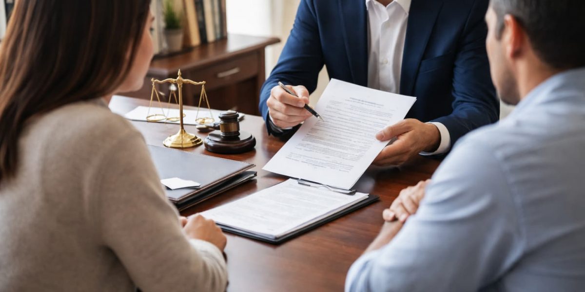 Attorney explaining wrongful death settlement distribution to family members during a legal consultation in a law office